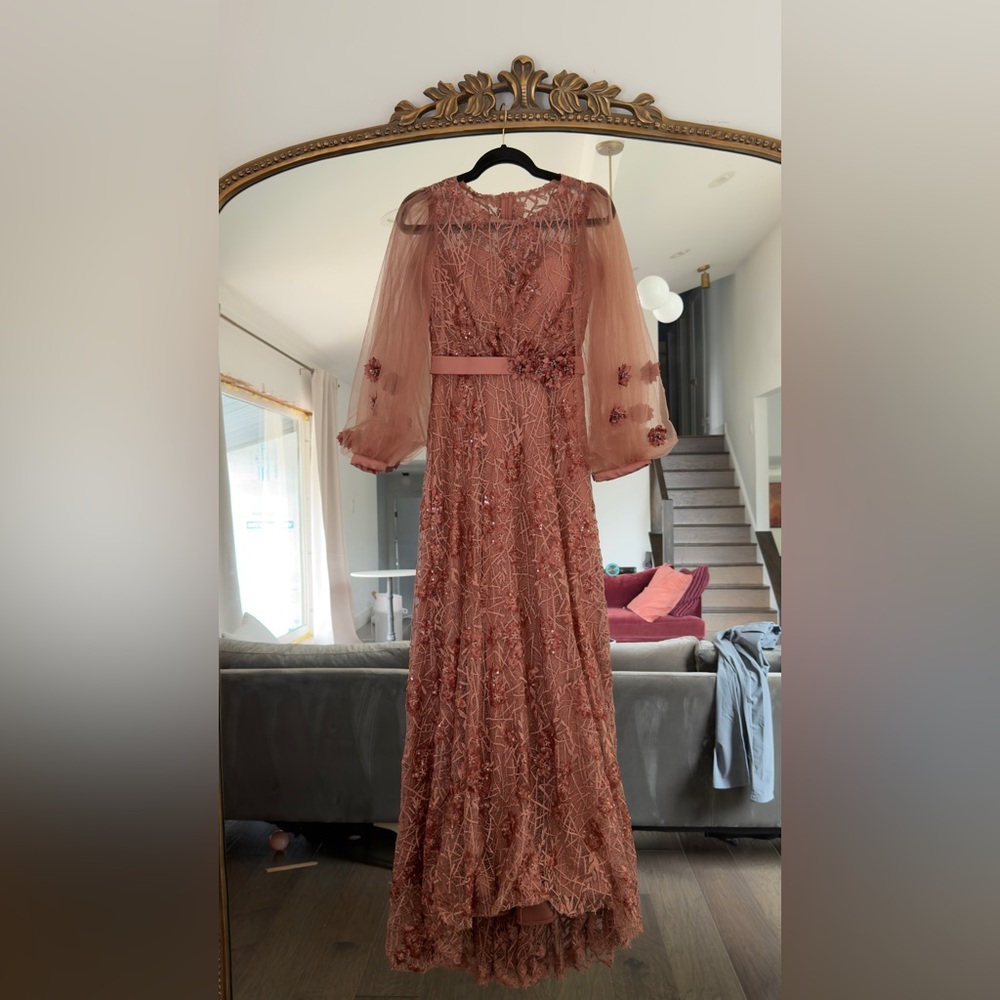 Mels Dress Peach Gown 3D Floral Appliqué